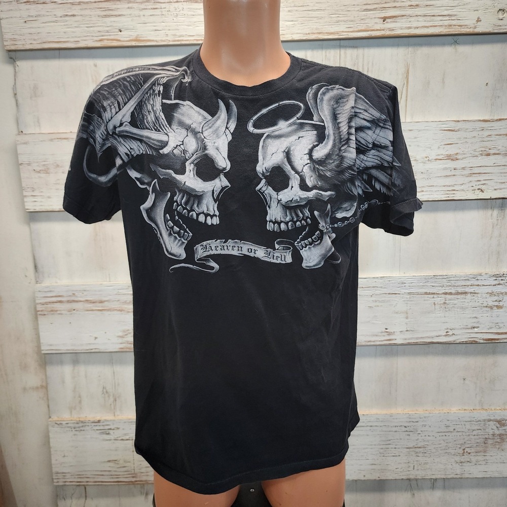 Heaven or Hell Skull Graphic Tee Black Gothic Angel Devil Shirt Mens Medium A23